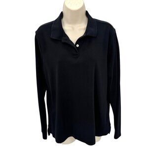 Lands End Womens 100% Cotton Black Long Sleeve Polo Shirt M
